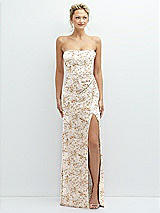 Front View Thumbnail - Golden Hour Floral Strapless Topstitched Corset Satin Maxi Dress with Draped Column Skirt