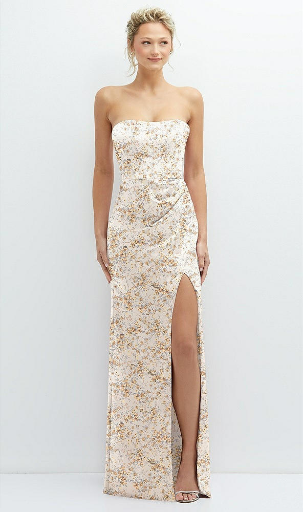 Front View - Golden Hour Floral Strapless Topstitched Corset Satin Maxi Dress with Draped Column Skirt
