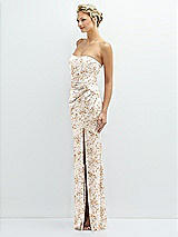 Side View Thumbnail - Golden Hour Floral Strapless Topstitched Corset Satin Maxi Dress with Draped Column Skirt