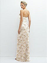 Rear View Thumbnail - Golden Hour Floral Strapless Topstitched Corset Satin Maxi Dress with Draped Column Skirt