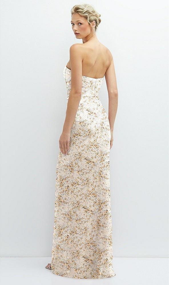 Back View - Golden Hour Floral Strapless Topstitched Corset Satin Maxi Dress with Draped Column Skirt