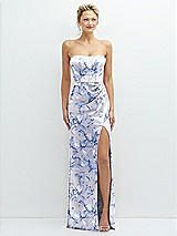 Front View Thumbnail - Magnolia Sky Floral Strapless Topstitched Corset Satin Maxi Dress with Draped Column Skirt