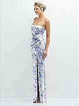 Side View Thumbnail - Magnolia Sky Floral Strapless Topstitched Corset Satin Maxi Dress with Draped Column Skirt