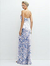 Rear View Thumbnail - Magnolia Sky Floral Strapless Topstitched Corset Satin Maxi Dress with Draped Column Skirt