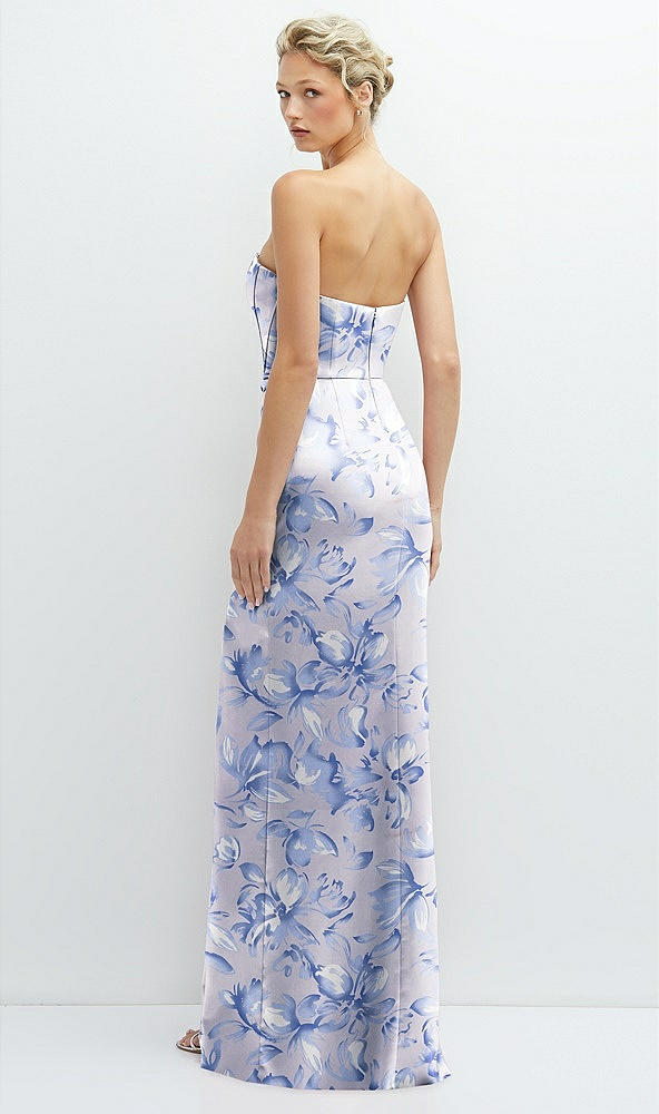 Back View - Magnolia Sky Floral Strapless Topstitched Corset Satin Maxi Dress with Draped Column Skirt