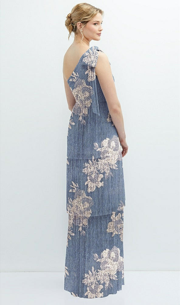 Back View - French Blue Gold Foil Tiered Skirt Metallic Pleated One-Shoulder Bow Dress with Floral Gold Foil Print