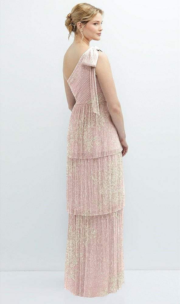 Back View - Pink Gold Foil Tiered Skirt Metallic Pleated One-Shoulder Bow Dress with Floral Gold Foil Print