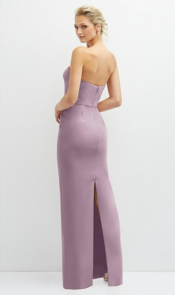 Back View - Suede Rose Rhinestone Bow Trimmed Peek-a-Boo Deep-V Maxi Dress with Pencil Skirt