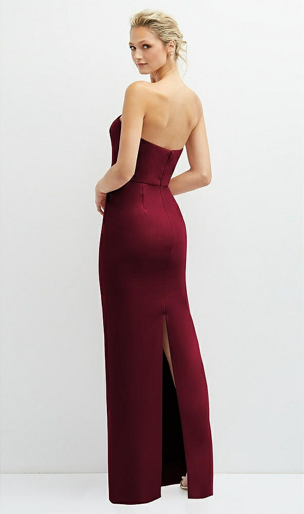 Back View - Burgundy Rhinestone Bow Trimmed Peek-a-Boo Deep-V Maxi Dress with Pencil Skirt