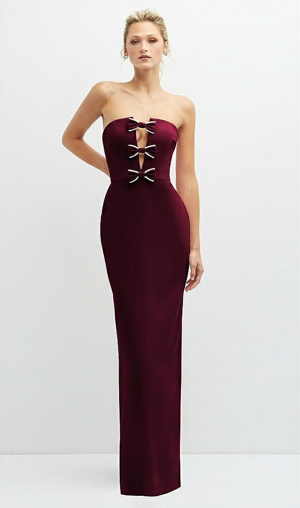 Front View - Cabernet Rhinestone Bow Trimmed Peek-a-Boo Deep-V Maxi Dress with Pencil Skirt
