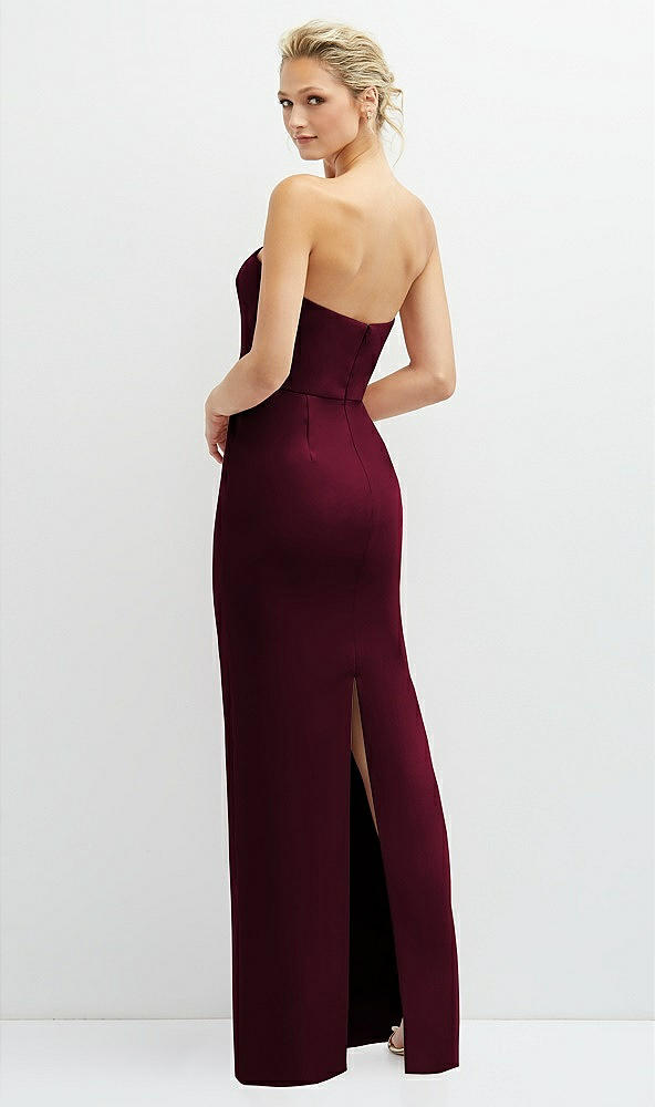 Back View - Cabernet Rhinestone Bow Trimmed Peek-a-Boo Deep-V Maxi Dress with Pencil Skirt