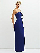 Side View Thumbnail - Cobalt Blue Rhinestone Bow Trimmed Peek-a-Boo Deep-V Maxi Dress with Pencil Skirt