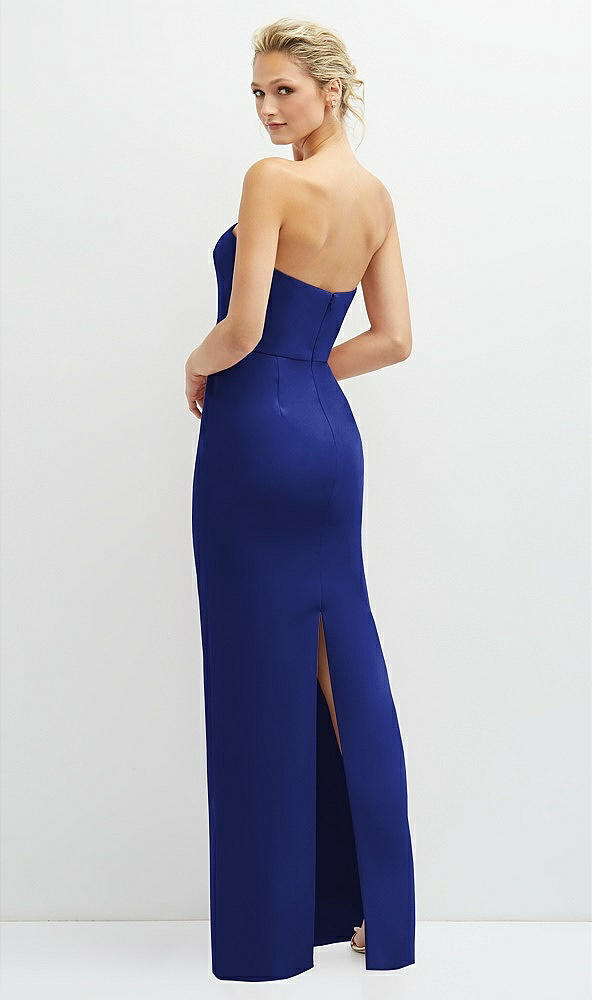 Back View - Cobalt Blue Rhinestone Bow Trimmed Peek-a-Boo Deep-V Maxi Dress with Pencil Skirt