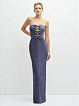 Front View Thumbnail - French Blue Rhinestone Bow Trimmed Peek-a-Boo Deep-V Maxi Dress with Pencil Skirt