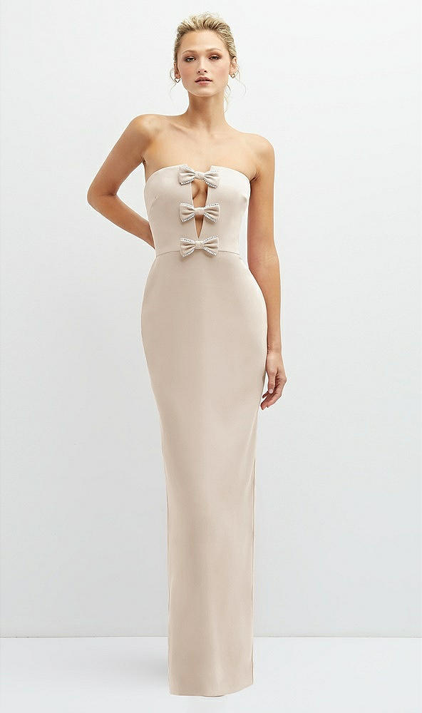Front View - Oat Rhinestone Bow Trimmed Peek-a-Boo Deep-V Maxi Dress with Pencil Skirt