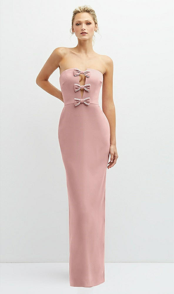 Front View - Rose - PANTONE Rose Quartz Rhinestone Bow Trimmed Peek-a-Boo Deep-V Maxi Dress with Pencil Skirt