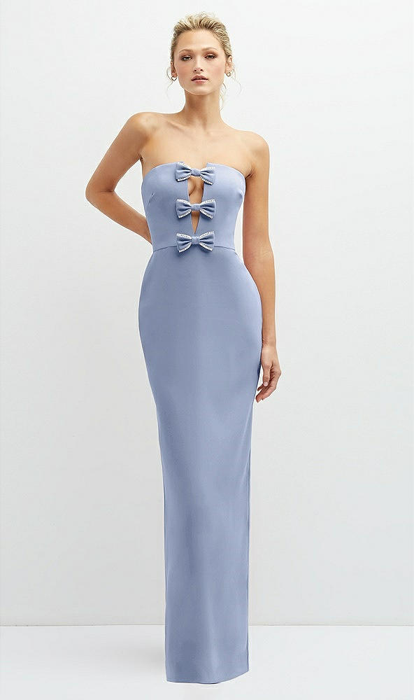 Front View - Sky Blue Rhinestone Bow Trimmed Peek-a-Boo Deep-V Maxi Dress with Pencil Skirt