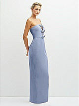 Side View Thumbnail - Sky Blue Rhinestone Bow Trimmed Peek-a-Boo Deep-V Maxi Dress with Pencil Skirt
