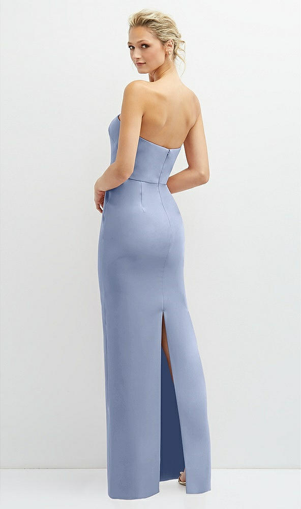 Back View - Sky Blue Rhinestone Bow Trimmed Peek-a-Boo Deep-V Maxi Dress with Pencil Skirt