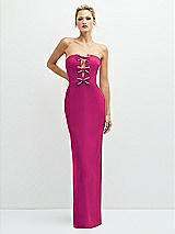 Front View Thumbnail - Think Pink Rhinestone Bow Trimmed Peek-a-Boo Deep-V Maxi Dress with Pencil Skirt