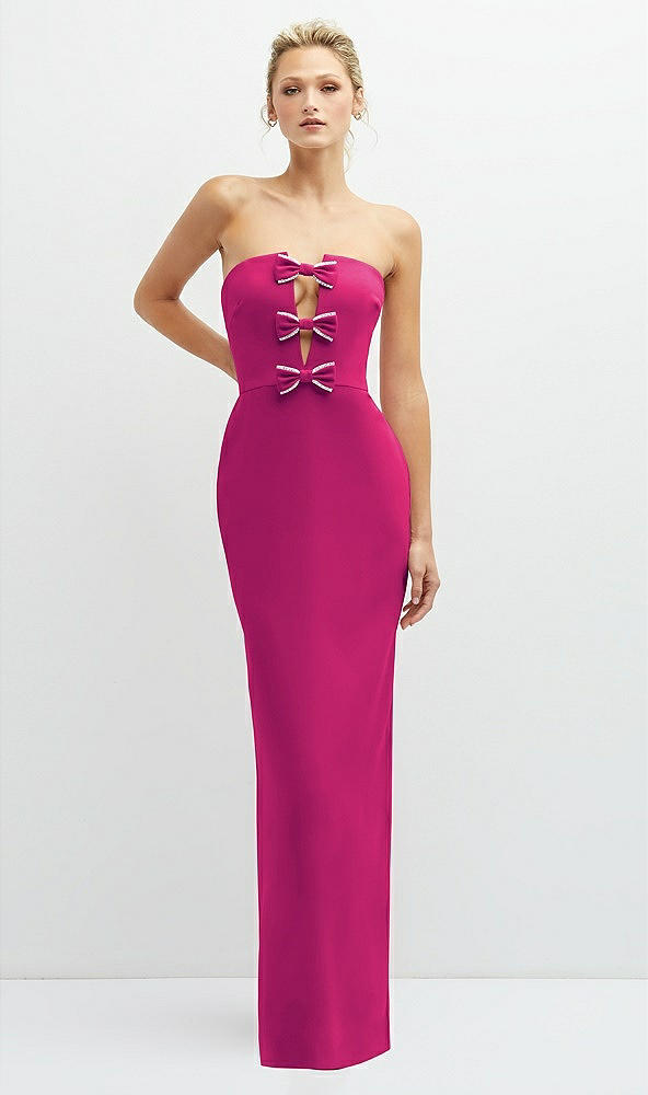 Front View - Think Pink Rhinestone Bow Trimmed Peek-a-Boo Deep-V Maxi Dress with Pencil Skirt