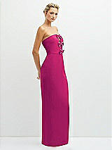 Side View Thumbnail - Think Pink Rhinestone Bow Trimmed Peek-a-Boo Deep-V Maxi Dress with Pencil Skirt