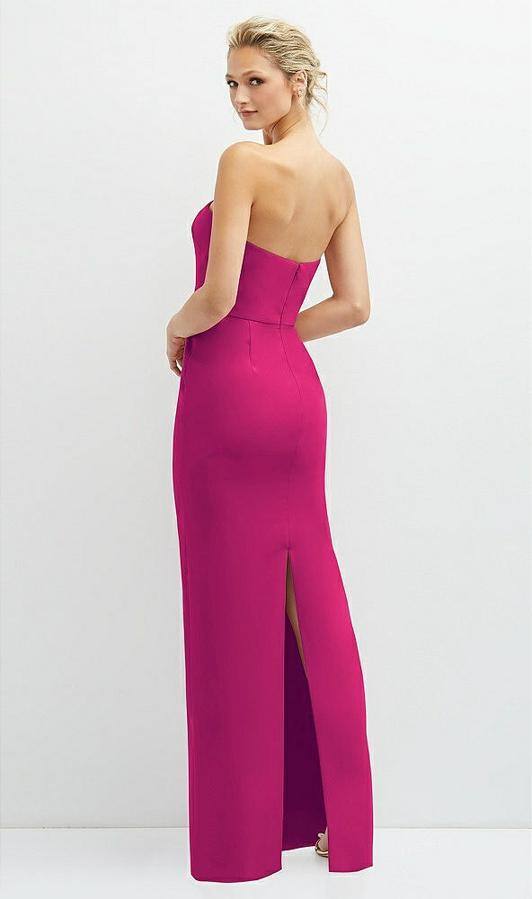 Back View - Think Pink Rhinestone Bow Trimmed Peek-a-Boo Deep-V Maxi Dress with Pencil Skirt
