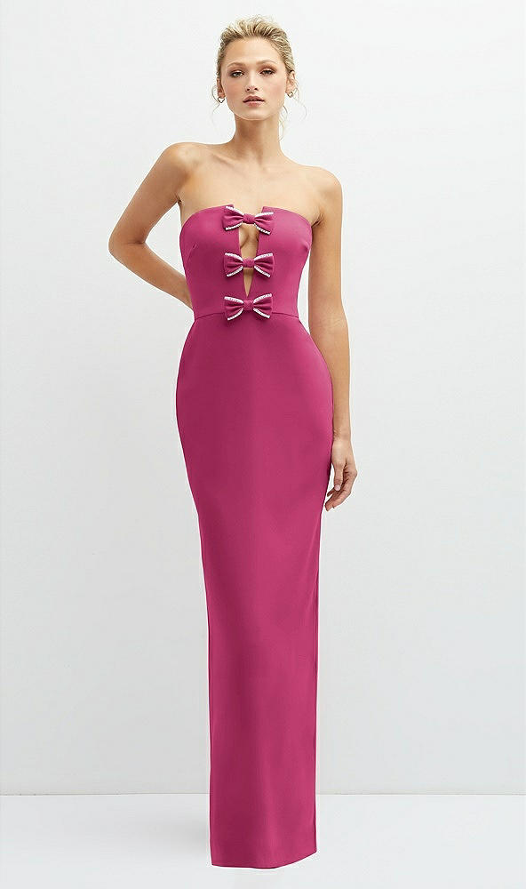 Front View - Tea Rose Rhinestone Bow Trimmed Peek-a-Boo Deep-V Maxi Dress with Pencil Skirt