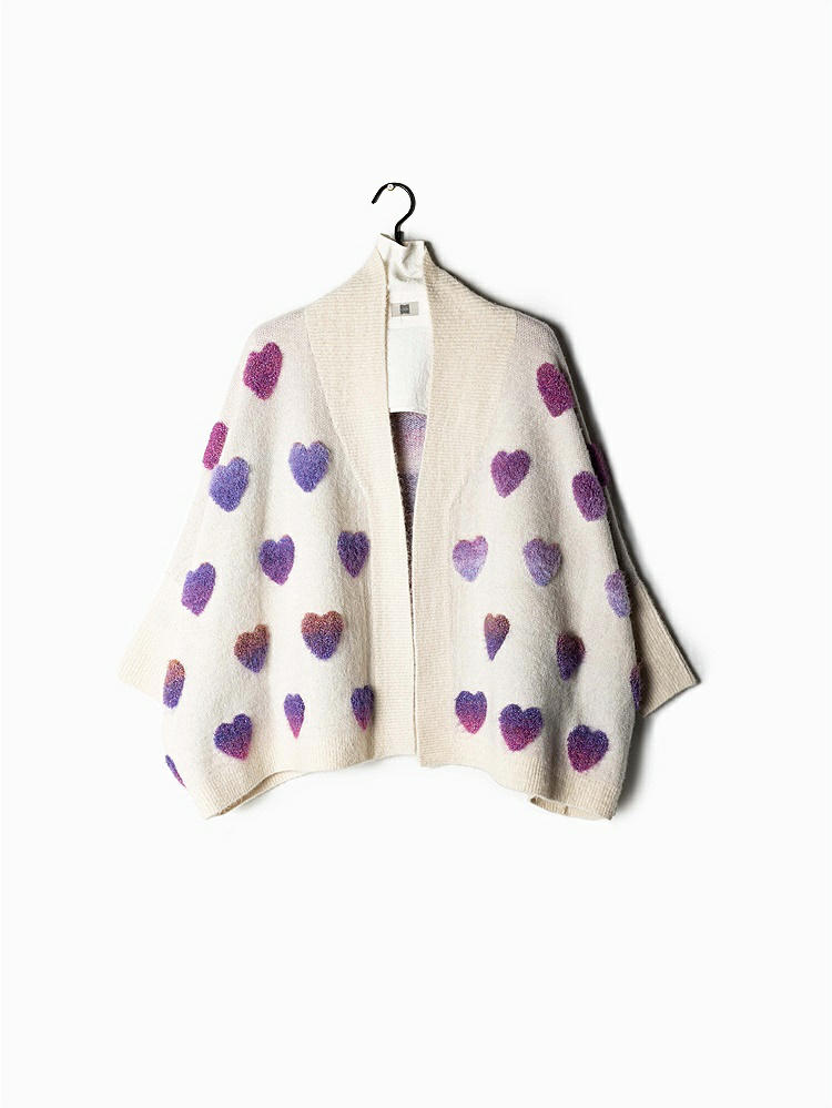 Front View - Ivory Cozy Pink & Purple Ombre Heart Cardigan Sweater
