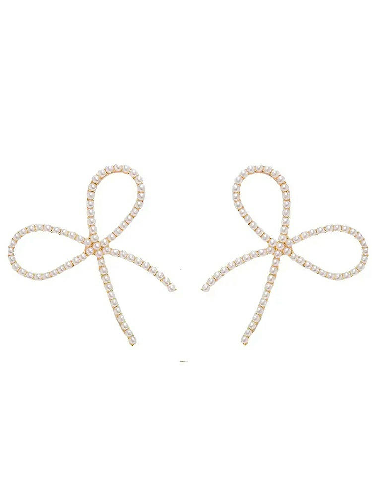 Front View - Natural Pearl Bow Statement Earrings