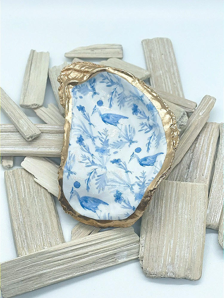 Front View - Neutral Chinoiserie Blue Heron Oyster Shell Ring Dish