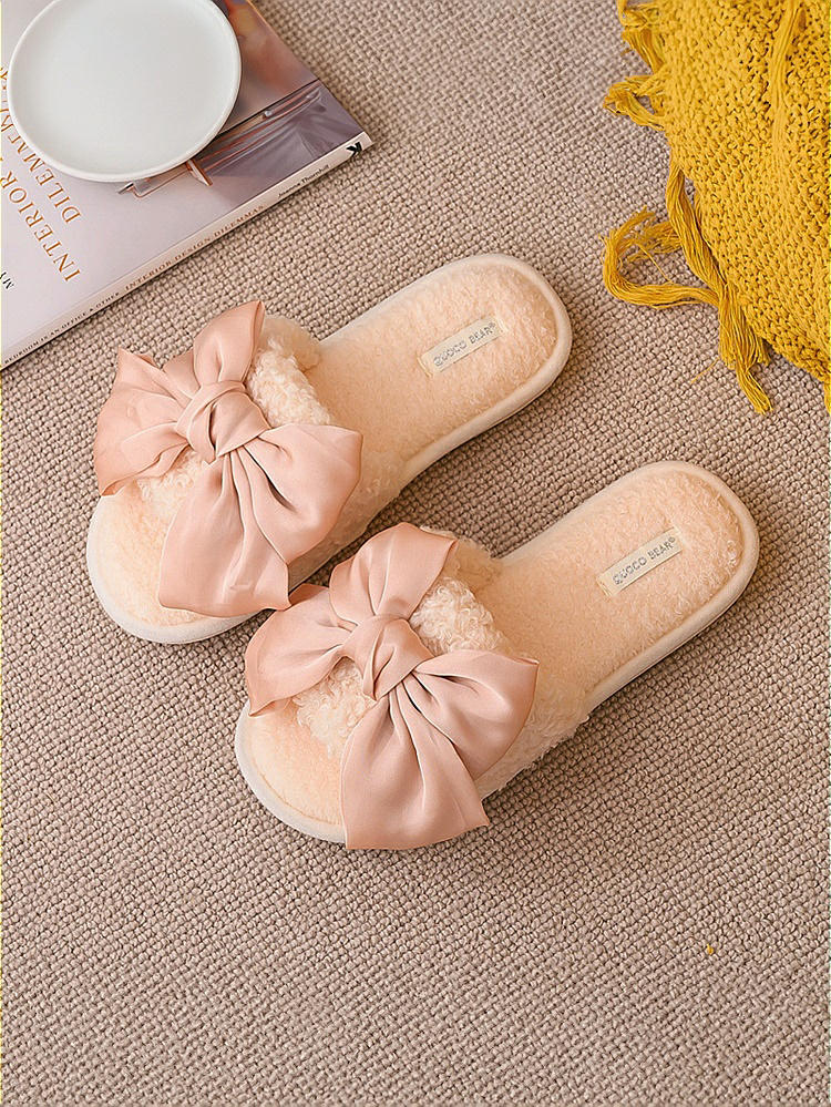 Front View - Blush Open-Toe Fluffy Slippers with Silky Knot-Bow for Bridesmaids