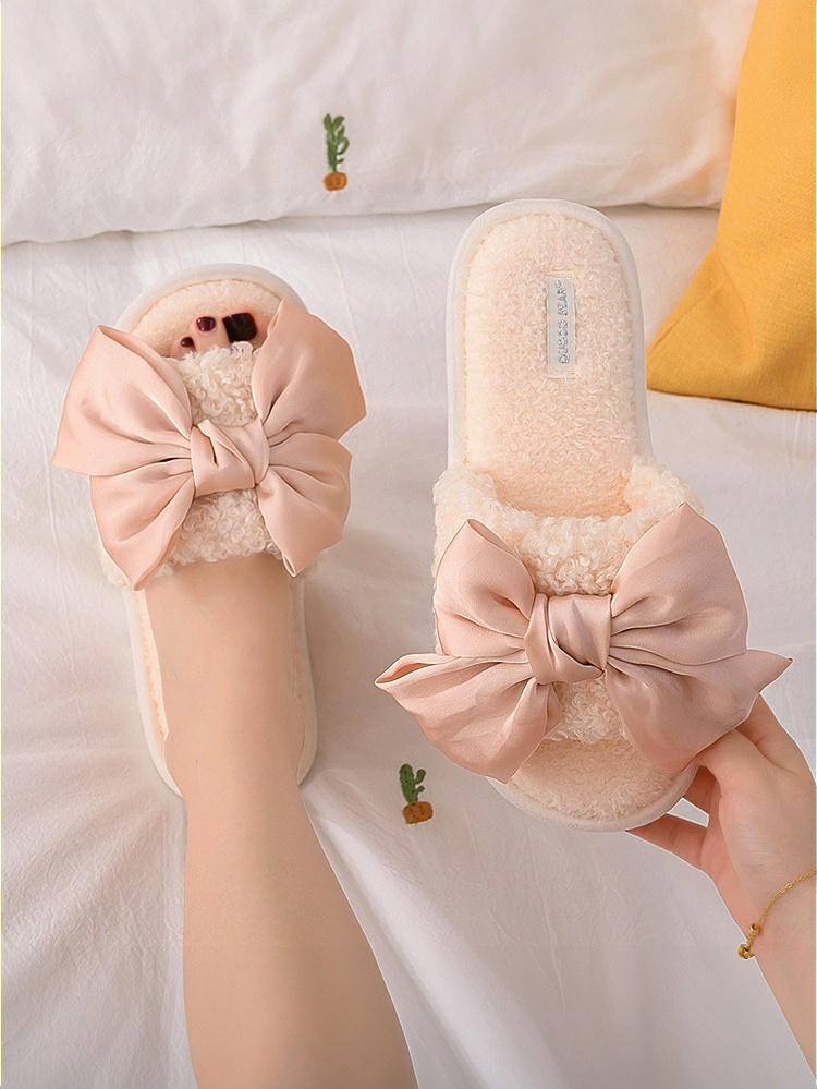 Back View - Blush Open-Toe Fluffy Slippers with Silky Knot-Bow for Bridesmaids
