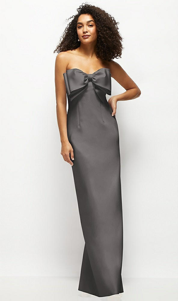 Front View - Caviar Gray Strapless Satin Column Maxi Dress with Oversized Handcrafted Bow