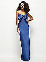Front View Thumbnail - Classic Blue Strapless Satin Column Maxi Dress with Oversized Handcrafted Bow