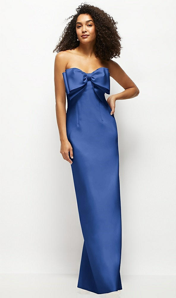 Front View - Classic Blue Strapless Satin Column Maxi Dress with Oversized Handcrafted Bow