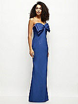 Side View Thumbnail - Classic Blue Strapless Satin Column Maxi Dress with Oversized Handcrafted Bow