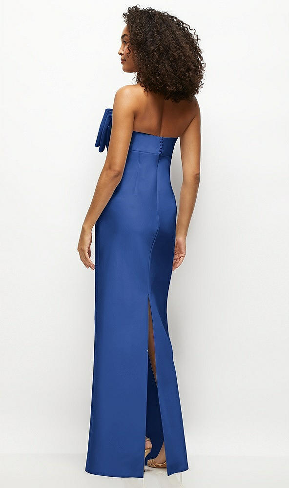 Back View - Classic Blue Strapless Satin Column Maxi Dress with Oversized Handcrafted Bow