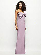 Side View Thumbnail - Suede Rose Strapless Satin Column Maxi Dress with Oversized Handcrafted Bow