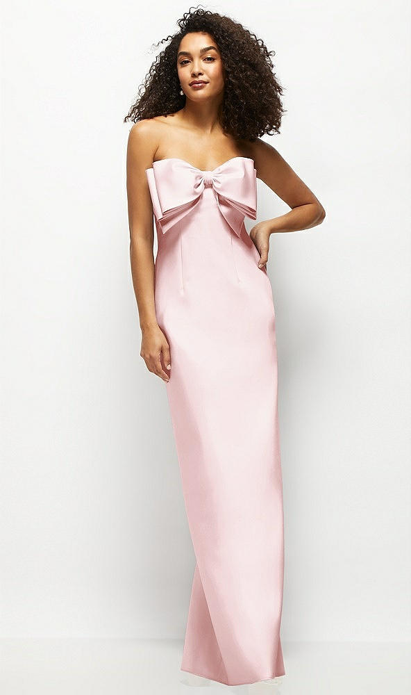 Front View - Ballet Pink Strapless Satin Column Maxi Dress with Oversized Handcrafted Bow