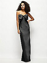 Front View Thumbnail - Black Strapless Satin Column Maxi Dress with Oversized Handcrafted Bow