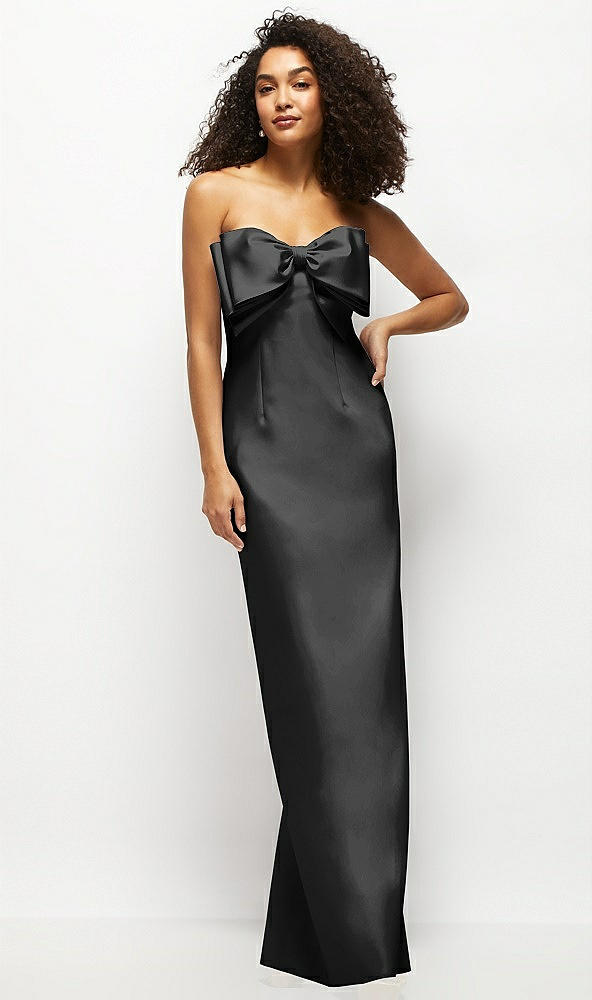 Front View - Black Strapless Satin Column Maxi Dress with Oversized Handcrafted Bow