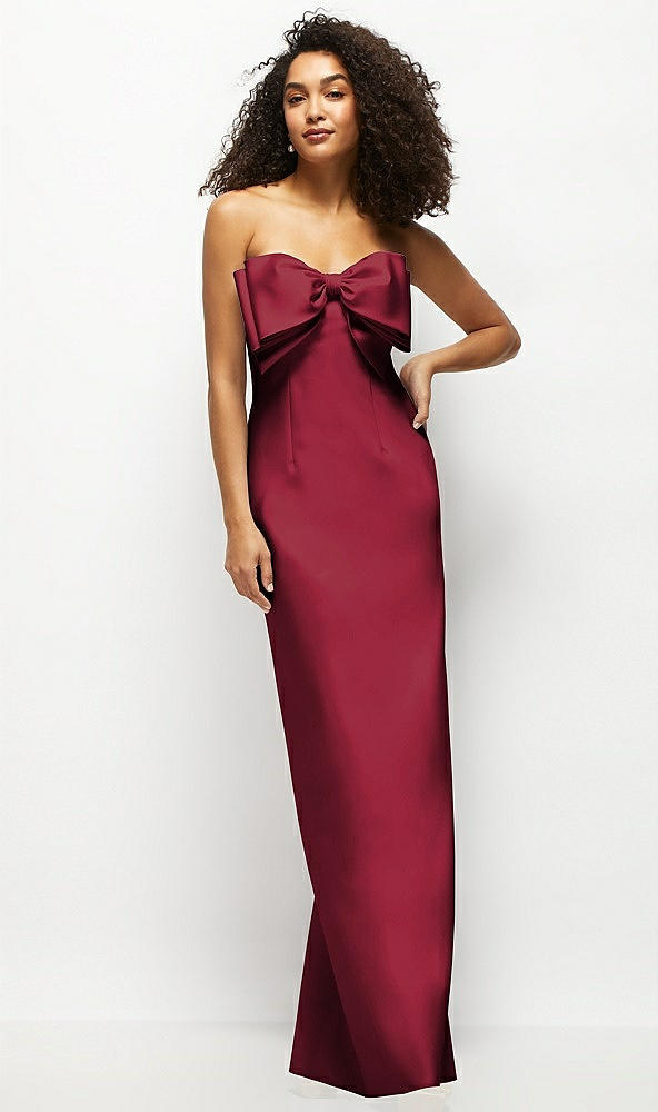 Front View - Burgundy Strapless Satin Column Maxi Dress with Oversized Handcrafted Bow