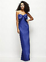 Front View Thumbnail - Cobalt Blue Strapless Satin Column Maxi Dress with Oversized Handcrafted Bow