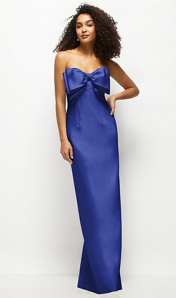 Front View - Cobalt Blue Strapless Satin Column Maxi Dress with Oversized Handcrafted Bow