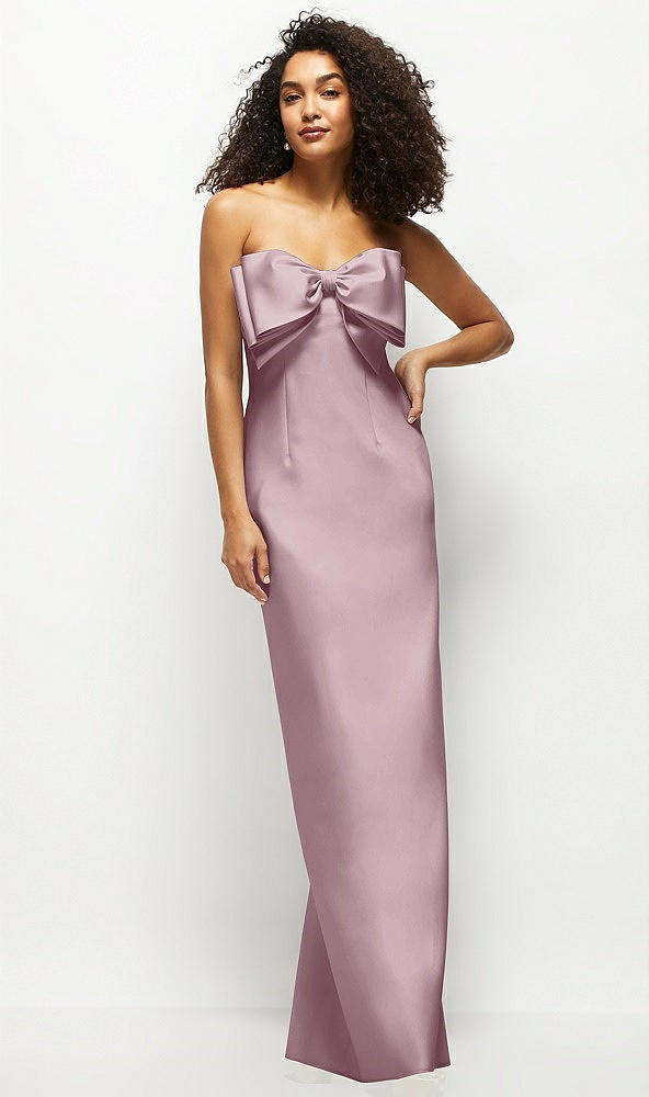 Front View - Dusty Rose Strapless Satin Column Maxi Dress with Oversized Handcrafted Bow