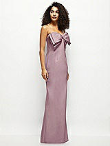Side View Thumbnail - Dusty Rose Strapless Satin Column Maxi Dress with Oversized Handcrafted Bow