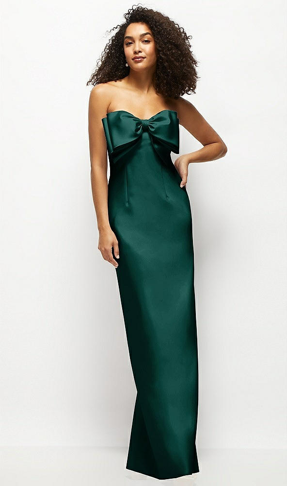 Front View - Evergreen Strapless Satin Column Maxi Dress with Oversized Handcrafted Bow