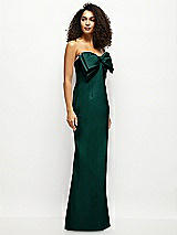 Side View Thumbnail - Evergreen Strapless Satin Column Maxi Dress with Oversized Handcrafted Bow