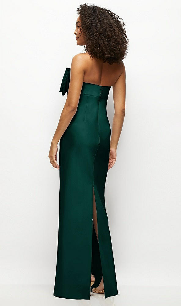 Back View - Evergreen Strapless Satin Column Maxi Dress with Oversized Handcrafted Bow